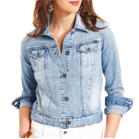 Womens Lucky Brand Dixie Embroidered Back Patch Denim Jean Jacket - Sz S - Picture 1 of 5